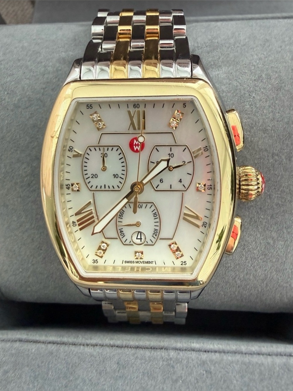 NIB Michele Releve Diamond Two Tone Bracelet Watch 45mm 0.04 ct